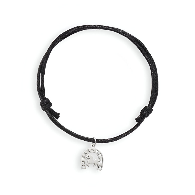 Bracelet cordon noir avec pendentif fer à cheval en acier inoxydable, modèle Patricia, femme.