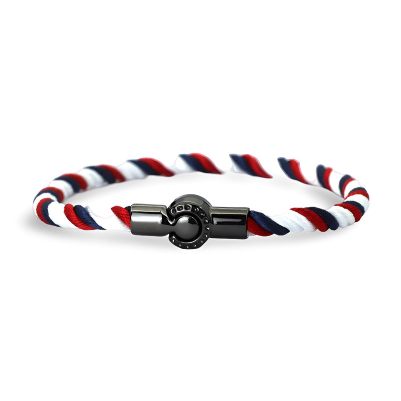 Bracelet cordon tricolore bleu blanc rouge avec fermoir magnétique noir pour homme.
