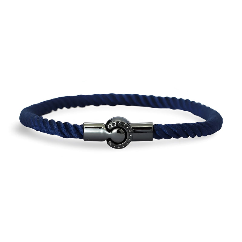 Bracelet cordon bleu marine avec fermoir magnétique argenté pour homme.