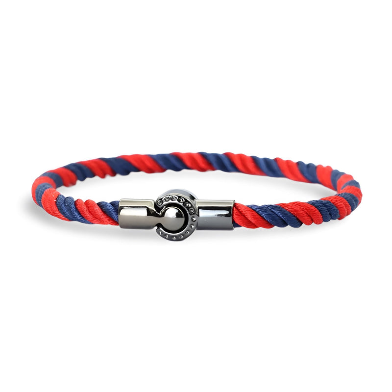 Bracelet cordon tressé rouge et bleu avec fermoir magnétique en métal pour homme.