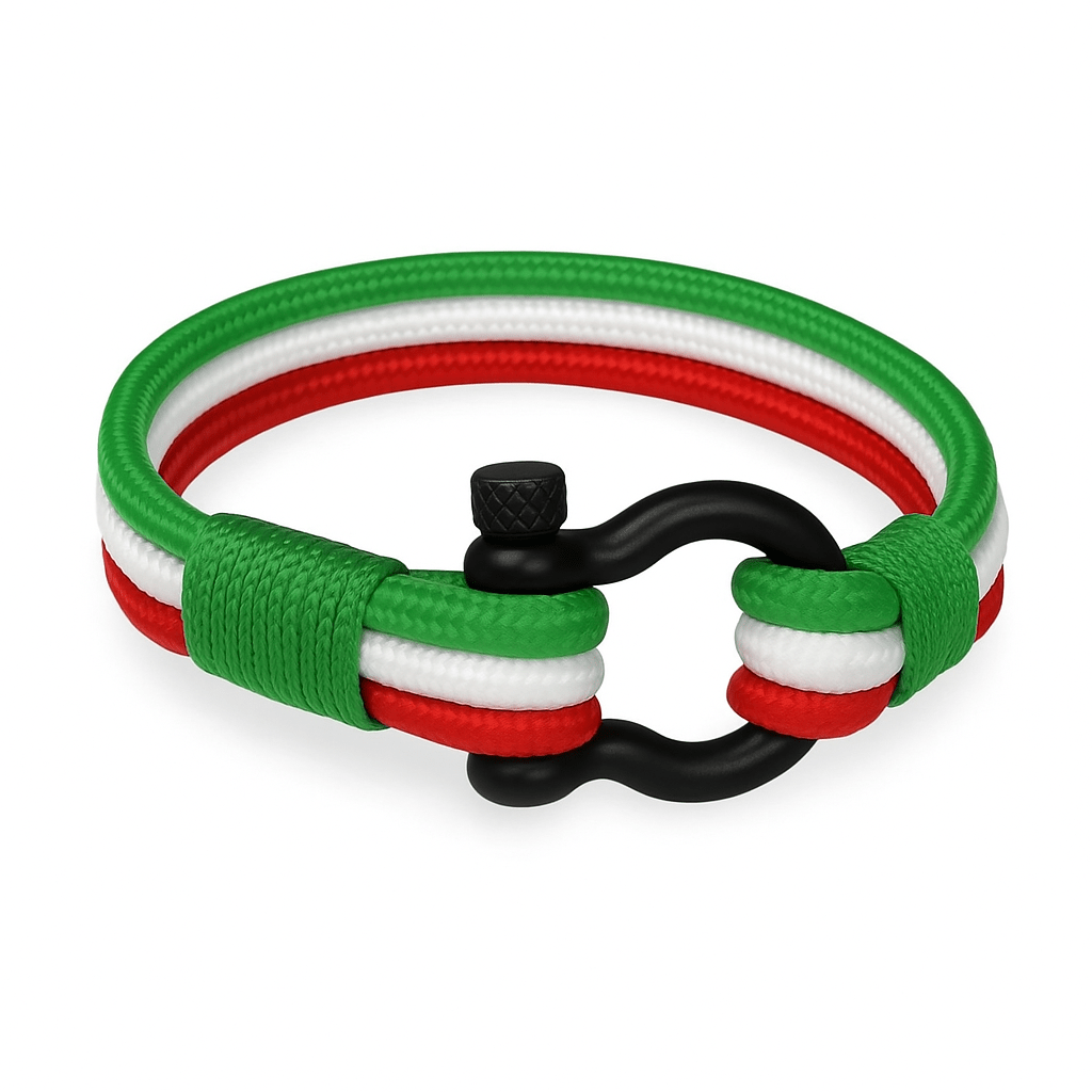 Bracelet cordon tricolore vert blanc rouge avec mousqueton noir en acier inoxydable, style Giuseppe.
