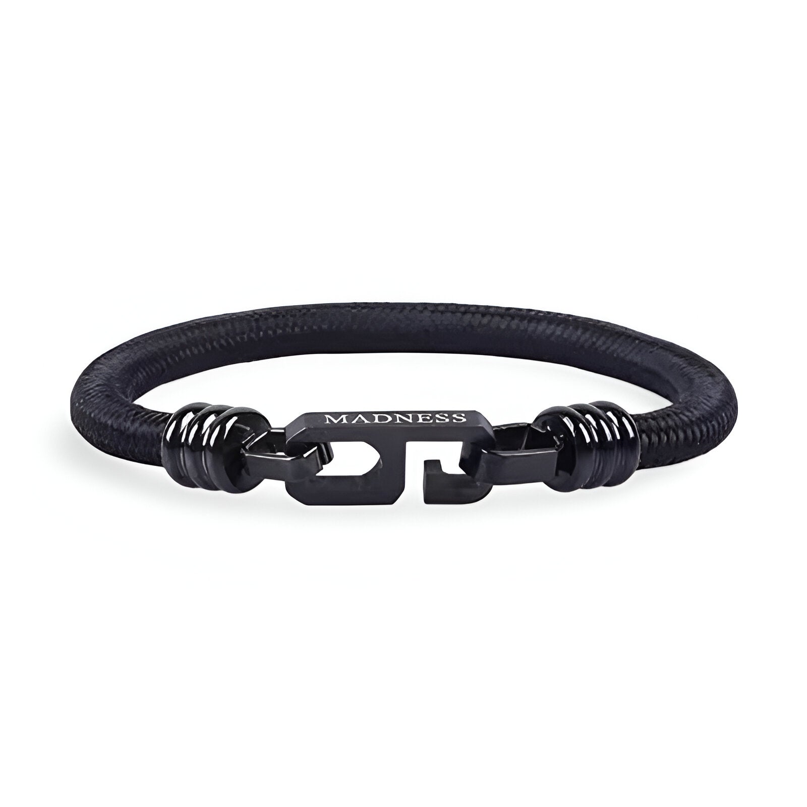 Bracelet cordon noir pour homme avec fermoir noir mat gravé « MADNESS » style moderne.