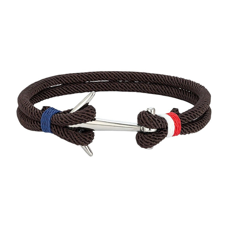 Bracelet cordon marin marron avec ancre en acier inoxydable et détails rouge et bleu.