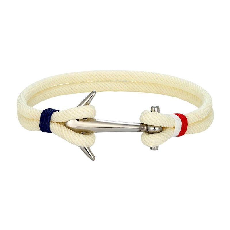 Bracelet cordon marin blanc avec ancre en acier inoxydable, détails bleu et rouge, ajustable.