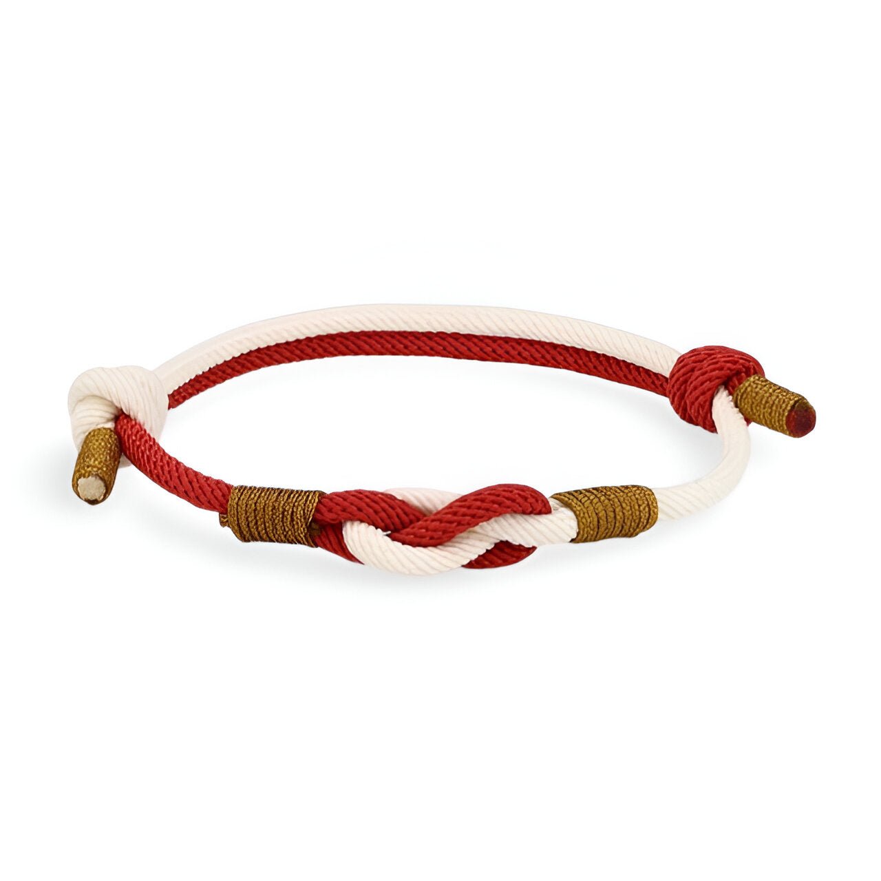 Bracelet cordon bi-colore rouge et blanc avec noeud central et détails marron.