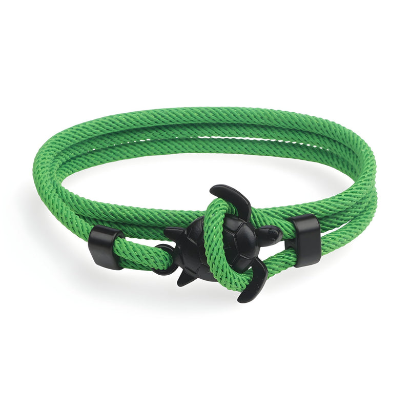 Bracelet cordon vert sapin avec motif tortue noir en métal, style marin ajustable.