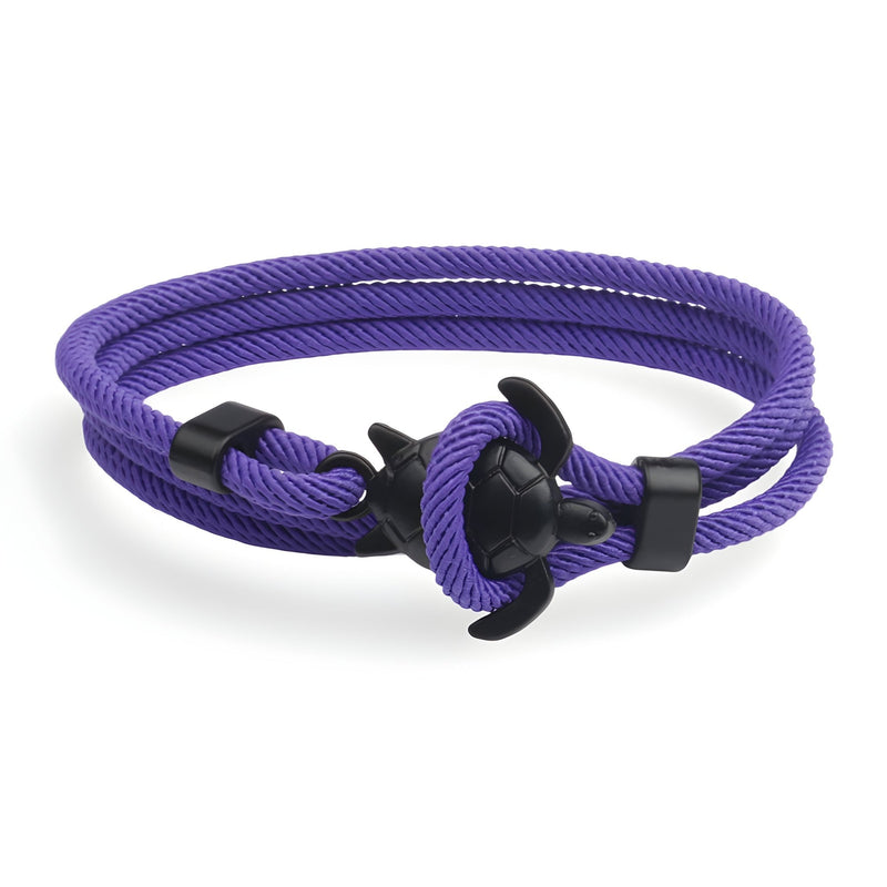 Bracelet cordon violet avec fermeture tortue noire moderne et ajustable.