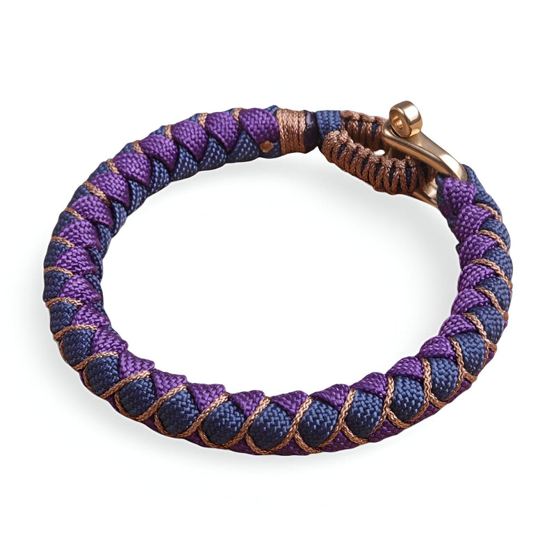 Bracelet cordon Jasmin en paracorde violet et marron avec mousqueton métallique doré.
