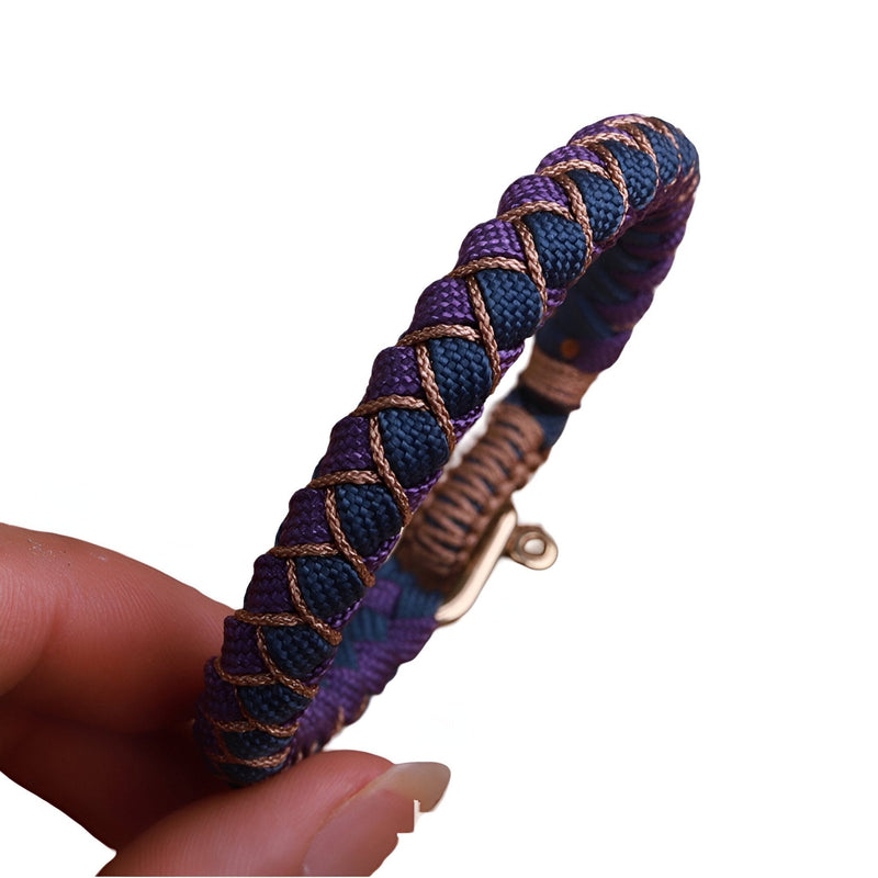 Bracelet cordon en paracorde bleu et violet avec mousqueton cuivre, style tressé Jasmin.