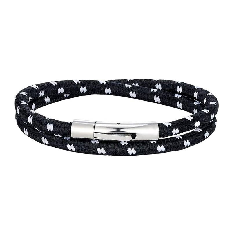 Bracelet cordon noir tressé à motifs blancs, boucle magnétique en acier inoxydable brillant, style nautique double brin.