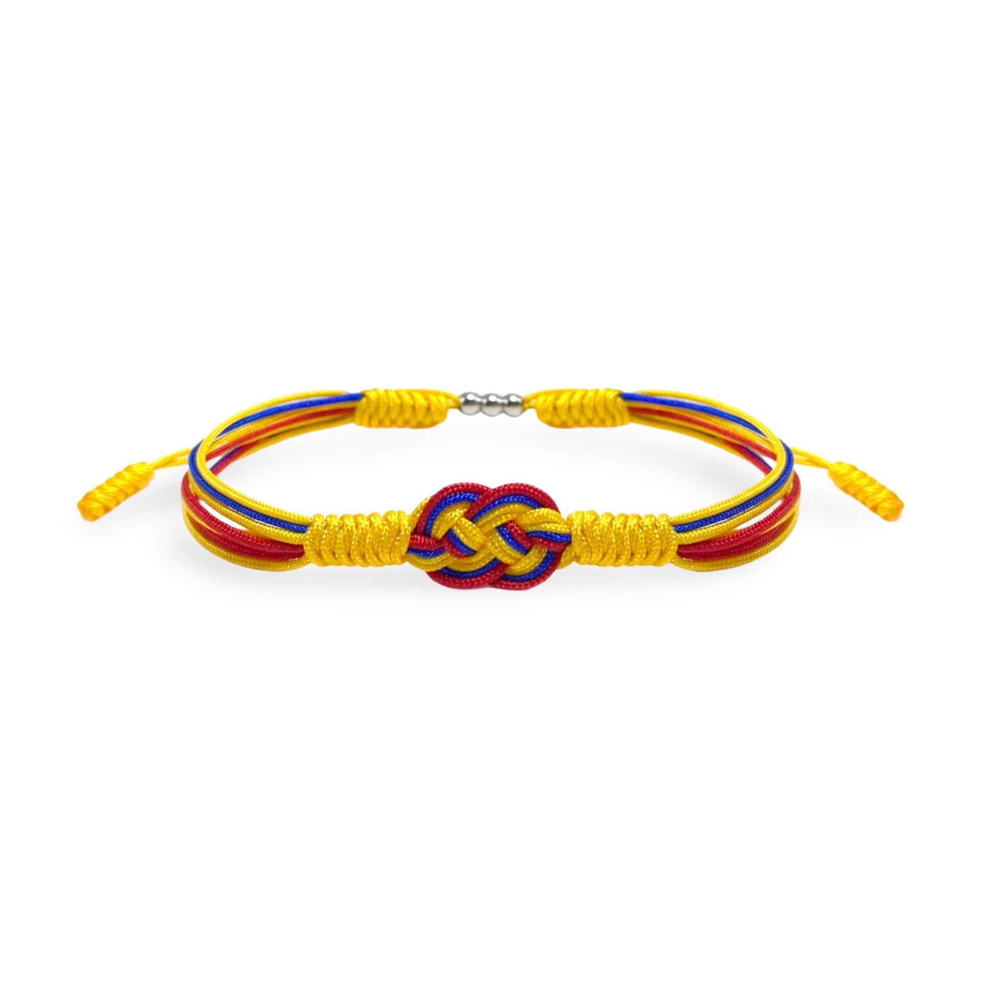 Bracelet cordon jaune, rouge et bleu avec noeud multicolore central, style tressé, modèle Clove.