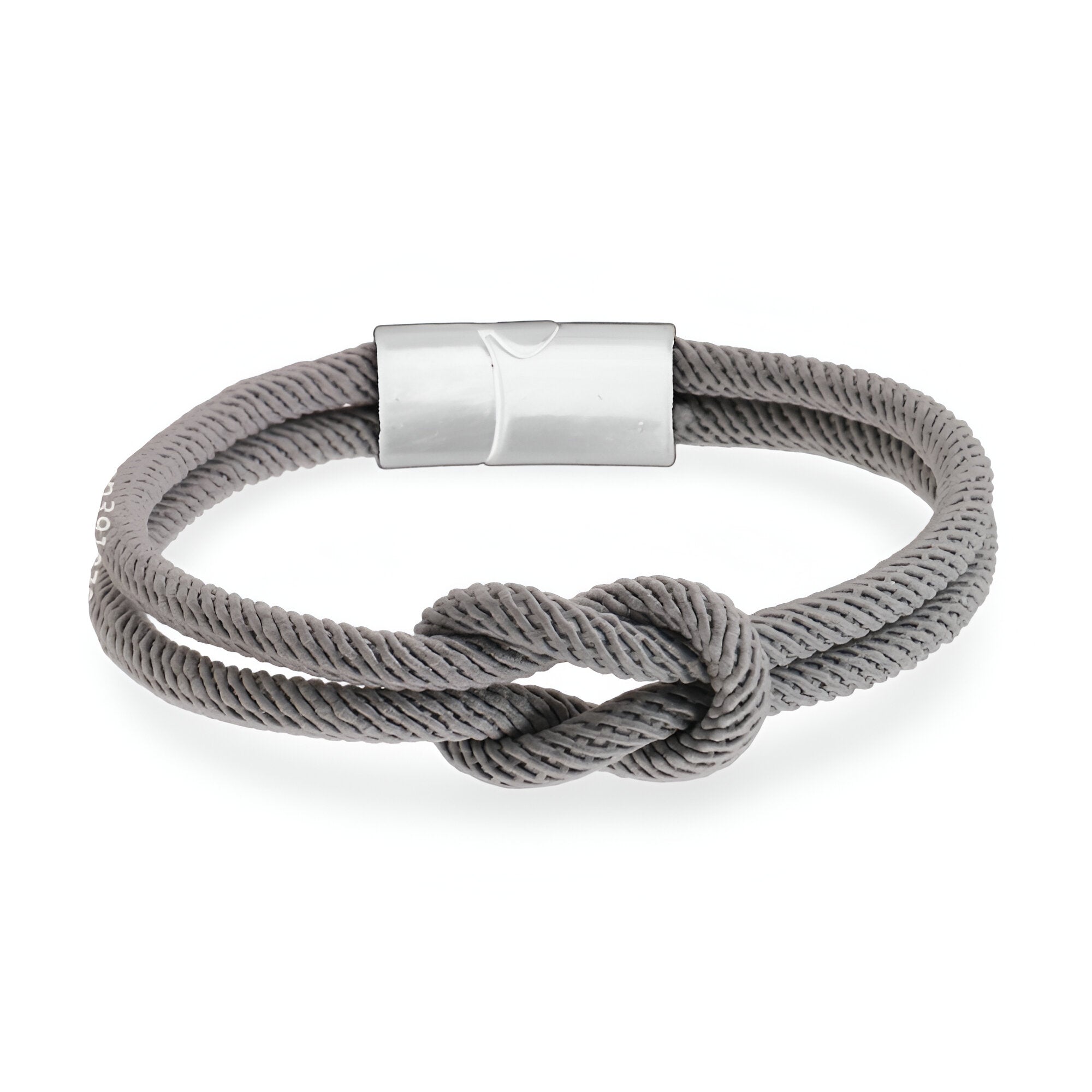 Bracelet cordon gris noué avec fermoir magnétique argenté, modèle Louan, uni, 19 cm.