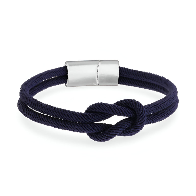 Bracelet cordon marine à nœud avec fermoir argenté lisse, modèle Louan.