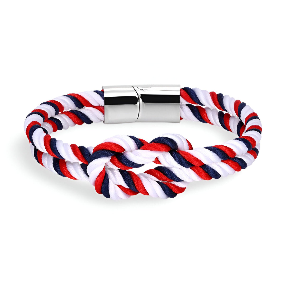 Bracelet cordon épais bleu blanc rouge avec nœud et fermoir métallique argenté.