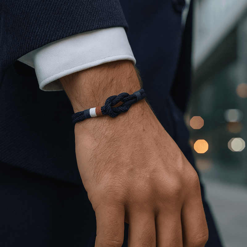 Bracelet cordon bleu marine avec nœud marin et drapeau français tricolore en tissu sur poignet masculin, style casual chic.