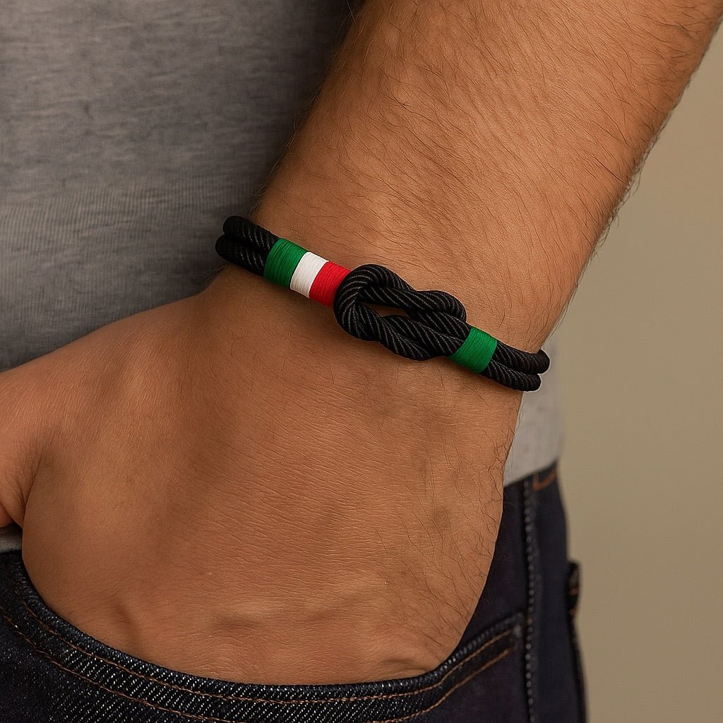 Bracelet cordon noir avec nœud marin et détail drapeau italien vert, blanc, rouge, porté au poignet.