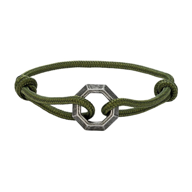 Bracelet cordon kaki avec ornement hexagone en acier inoxydable ajustable, modèle Nino.