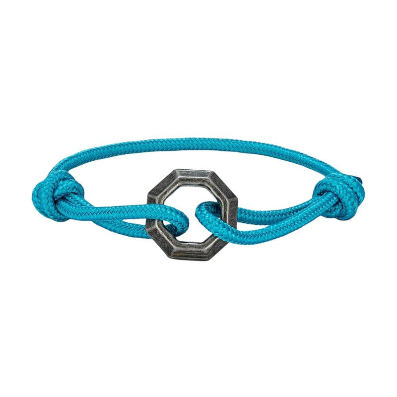 Bracelet cordon bleu turquoise avec ornement hexagone en acier inoxydable ajustable.