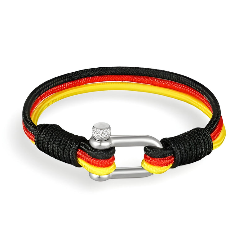 Bracelet cordon aux couleurs noir, rouge et jaune avec manille en acier inoxydable argenté, style Ermio pour homme.