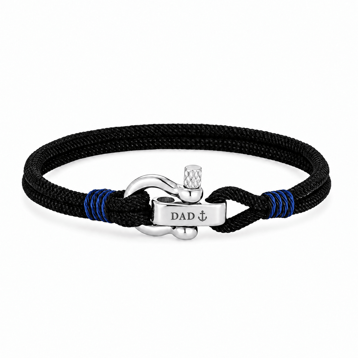 Bracelet Kenny Noir, manille en acier inoxydable personnalisée DAD ⚓, posé de face sur fond blanc
