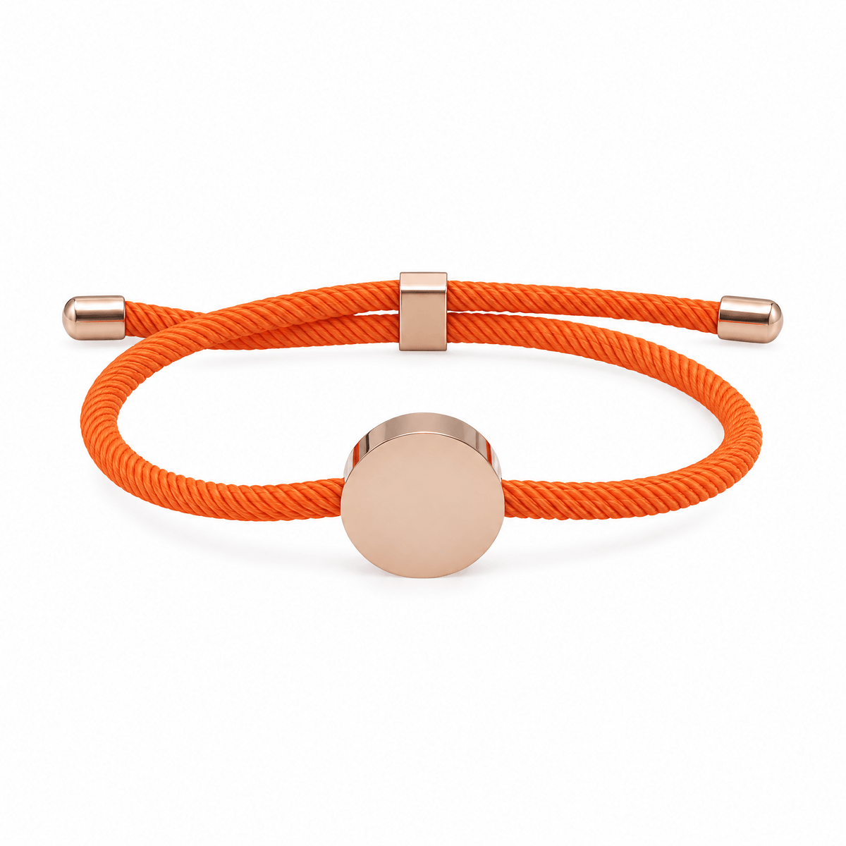 Bracelet Dax Or rosé / Orange, cordon ajustable et médaillon rond, posé de face sur fond blanc