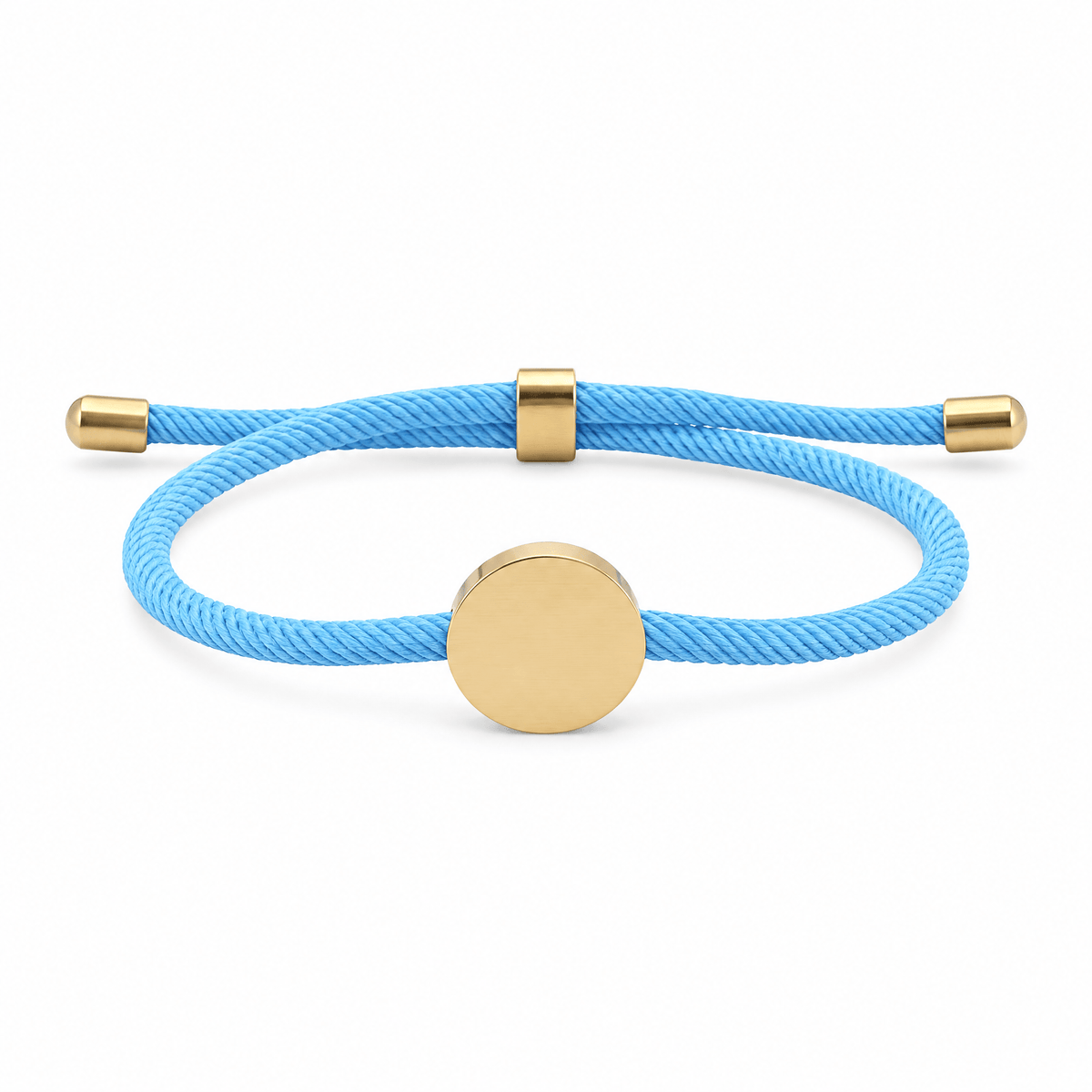 Bracelet Dax Or / Bleu clair, cordon ajustable et médaillon rond, posé de face sur fond blanc