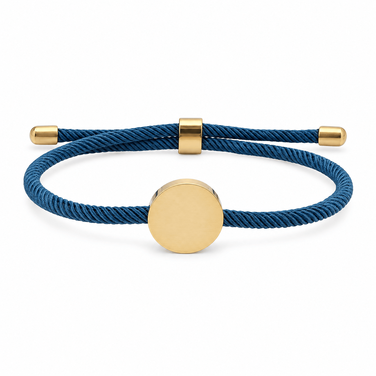 Bracelet Dax Or / Bleu, cordon ajustable et médaillon rond, posé de face sur fond blanc