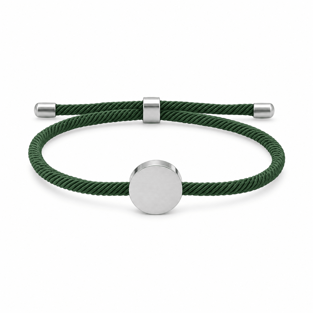 Bracelet Dax Argent / Vert, cordon ajustable et médaillon rond, posé de face sur fond blanc