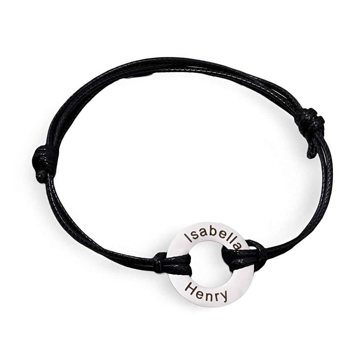 Bracelet cordon noir avec anneau en acier inoxydable gravé des prénoms Isabella et Henry.