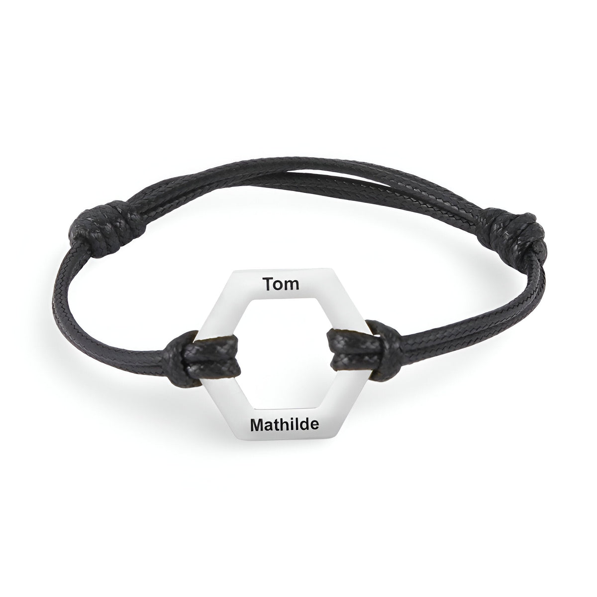 Bracelet cordon noir avec hexagone acier inoxydable argent gravé Tom et Mathilde.