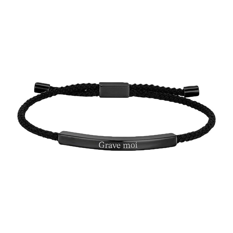 Bracelet cordon noir ajustable avec plaque longue en acier inoxydable gravée "Grave moi".