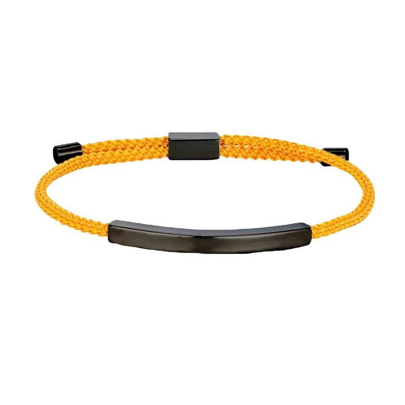 Bracelet cordon jaune ajustable avec plaque longue en acier inoxydable noir mat.