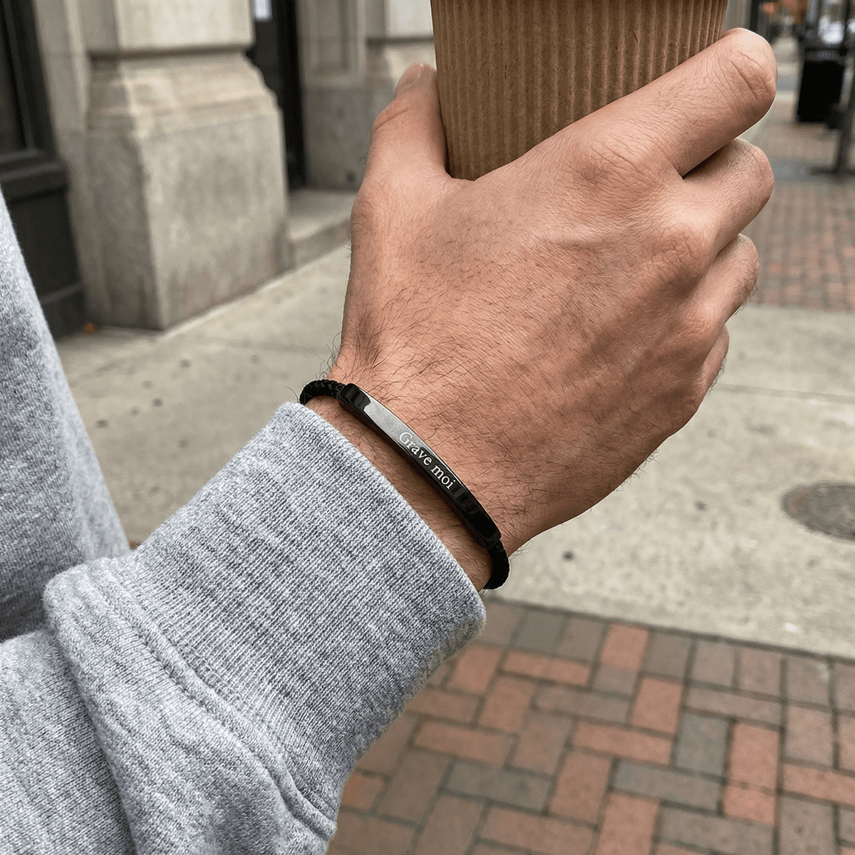 Personalisierbares Kordelarmband, lange Platte aus Edelstahl, verstellbar, Modell Doums