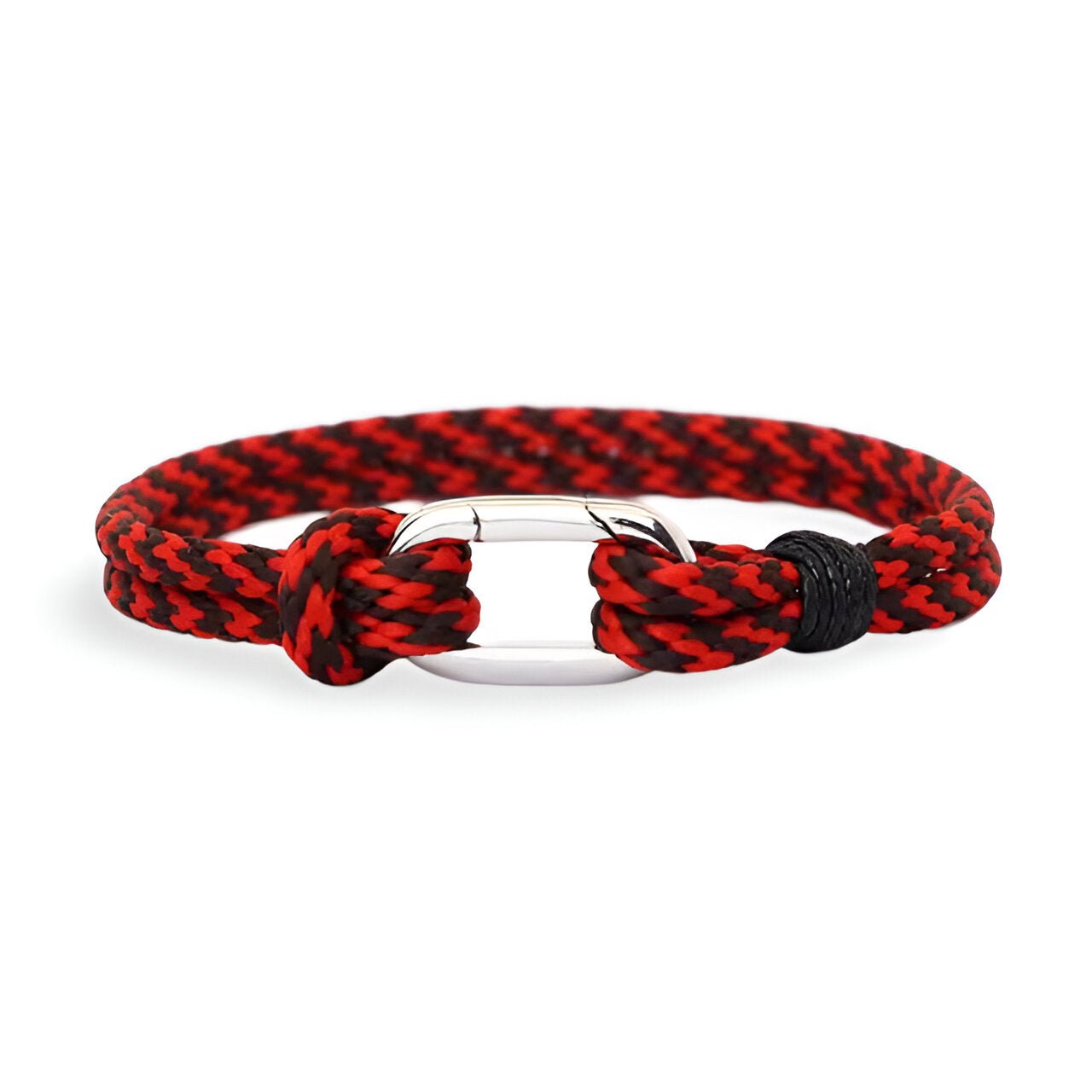 Bracelet cordon rouge et noir avec petit mousqueton argenté pour homme, modèle Yomi.
