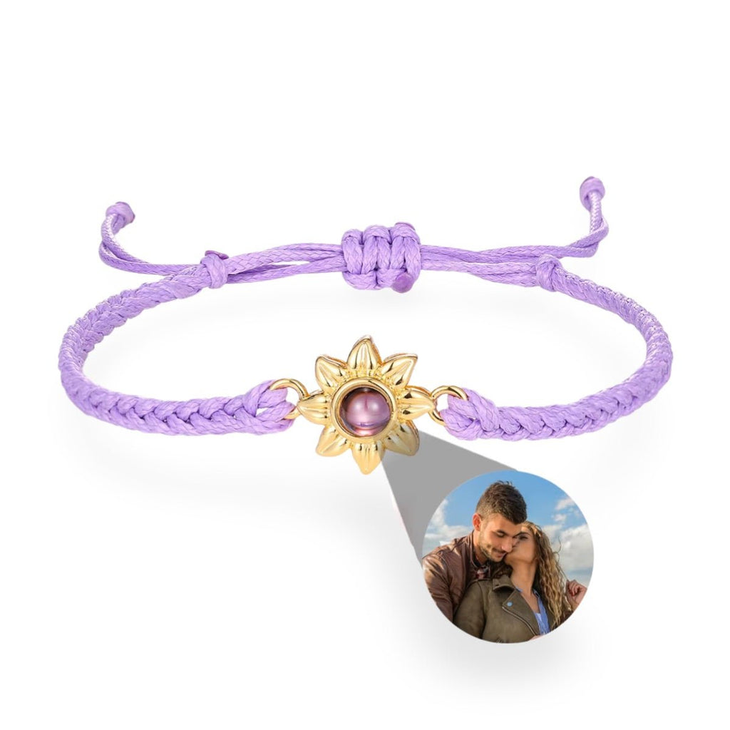 Bracelet cordon photo personnalisé, charm tournesol, modèle Xiomara - La Boutique du Bracelet