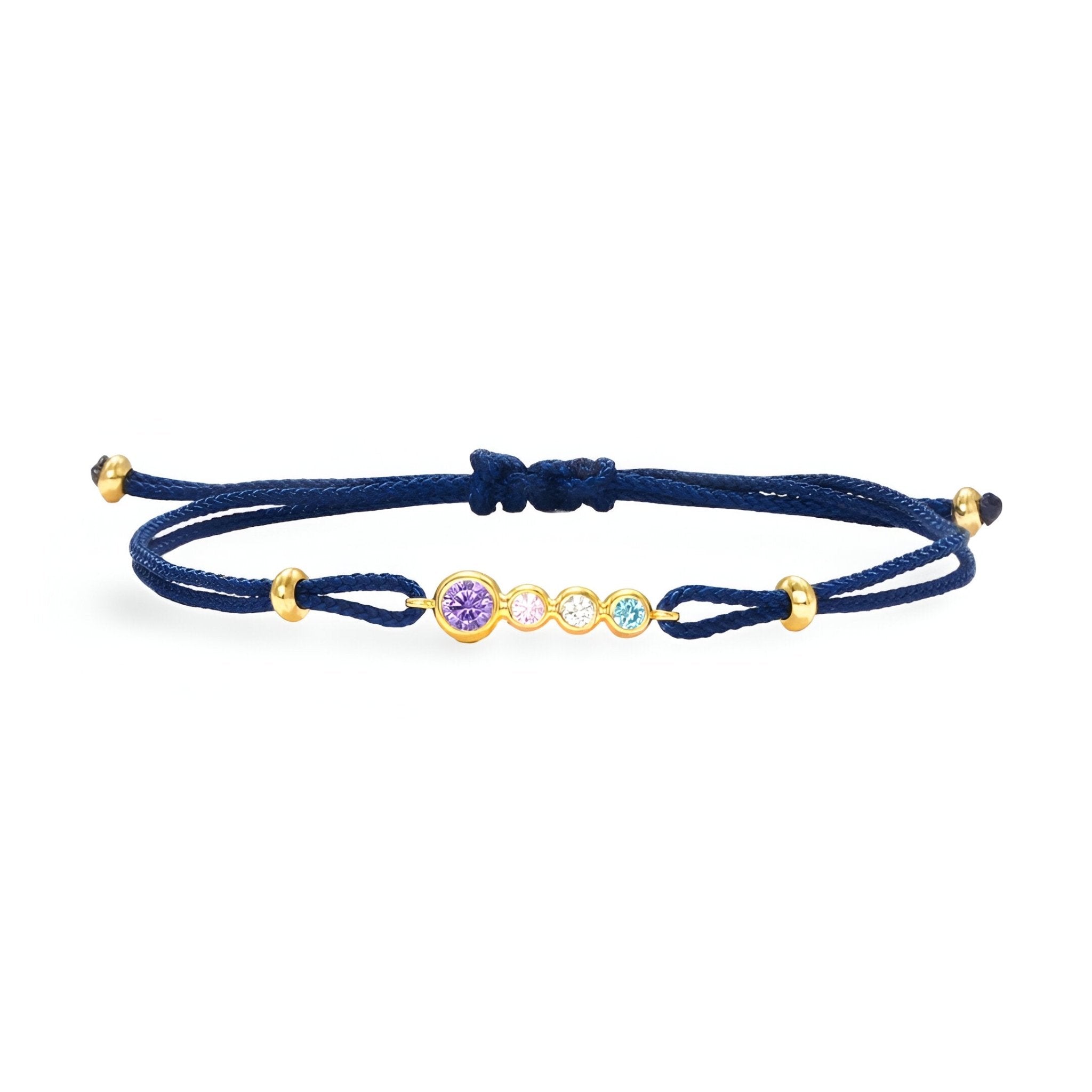 Bracelet cordon bleu marine avec argent sterling doré et trois zircons colorés rond adaptés aux femmes.