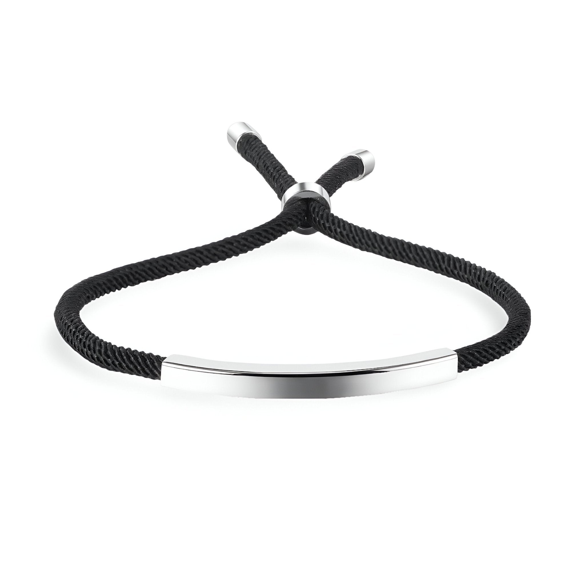Bracelet cordon noir avec plaque gourmette en acier inoxydable argenté, modèle Lydie.