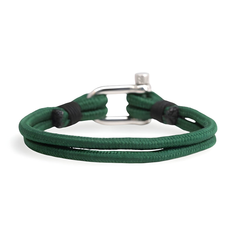 Bracelet cordon vert pour homme avec mousqueton argenté et détails noirs, style Rafael.