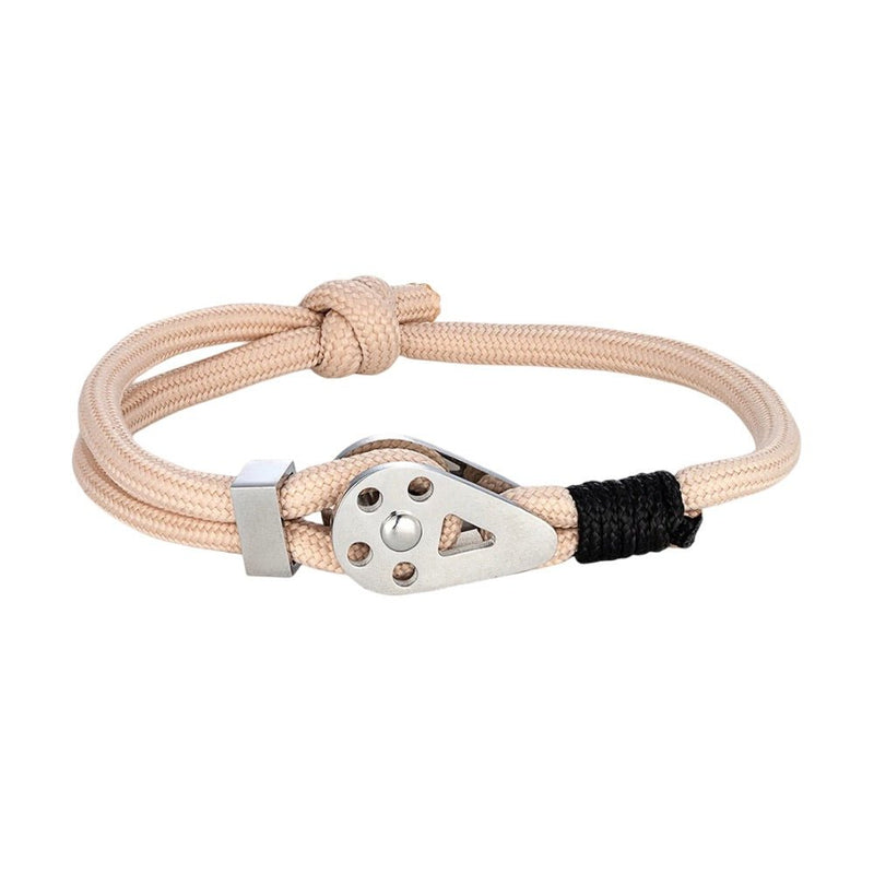 Bracelet cordon paracorde beige pour homme avec fermoir métal argenté et nœud noir.
