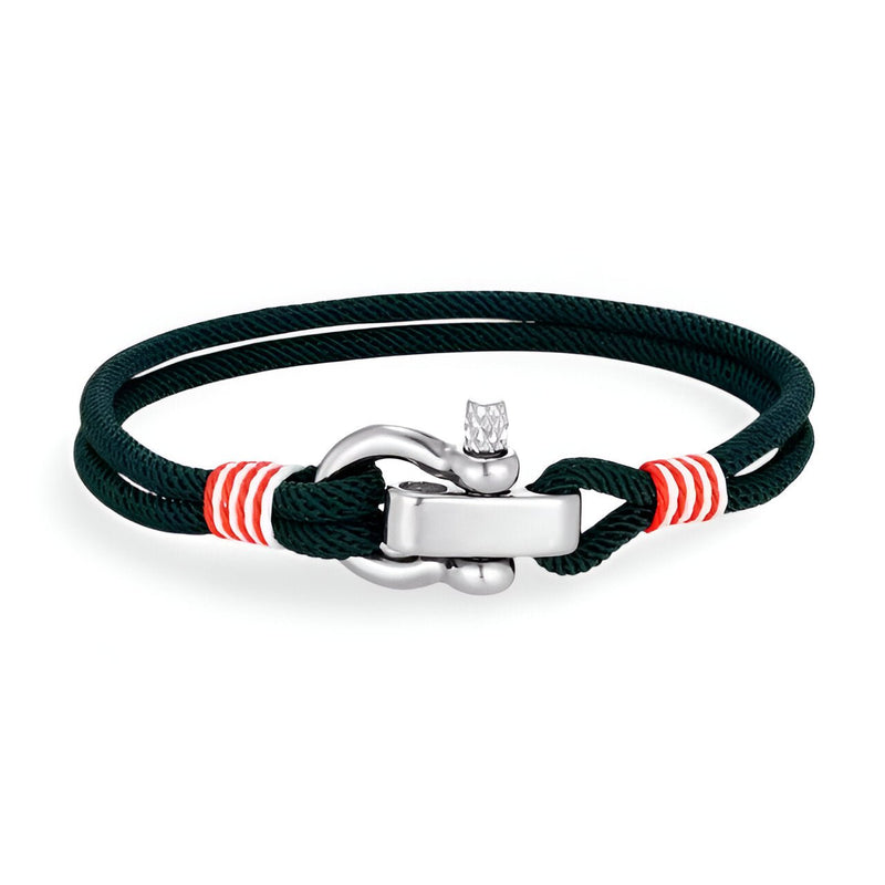 Bracelet cordon vert foncé avec manille en acier inoxydable et détails rouges et blancs.