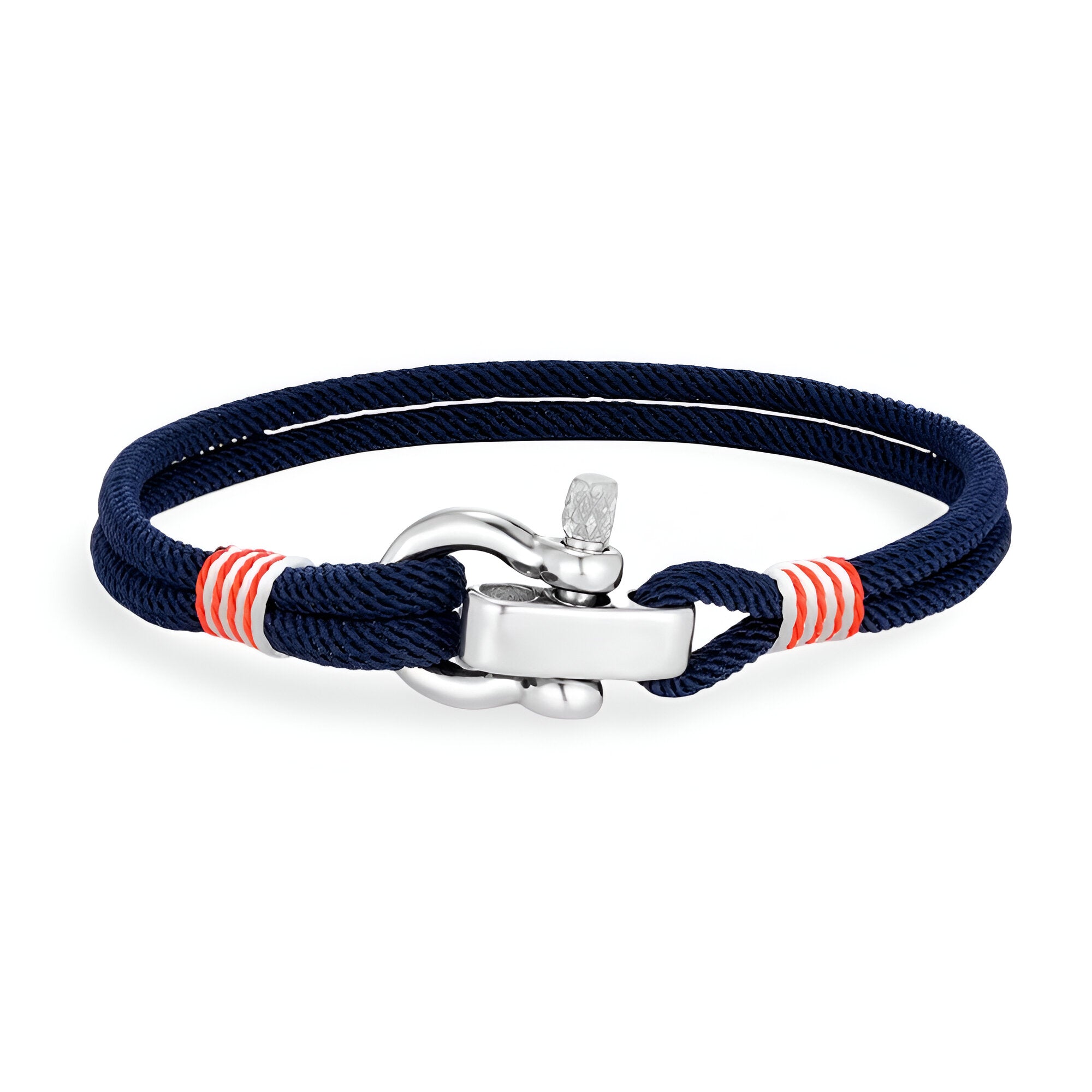 Bracelet cordon bleu marine avec manille en acier inoxydable et détails rouges et blancs.