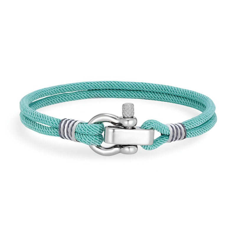 Bracelet cordon turquoise double tour avec manille en acier inoxydable argenté, style nautique.