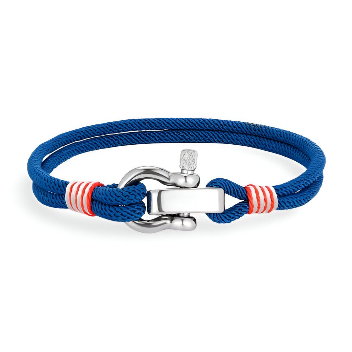 Bracelet cordon bleu électrique avec manille en acier inoxydable et détails rouges et blancs.