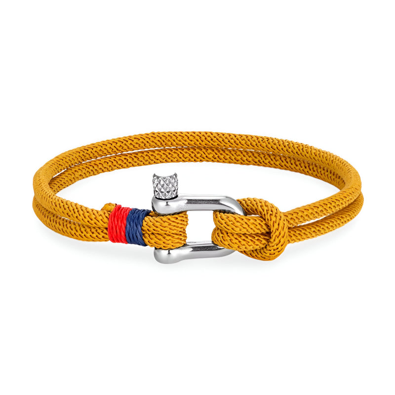 Bracelet cordon orange à manille en acier inoxydable avec détails rouges et bleus, modèle Lauriano.