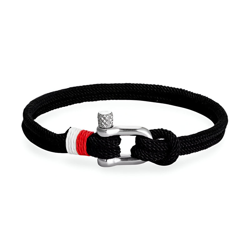 Bracelet cordon noir pour homme avec manille en acier inoxydable et détail rouge blanc.