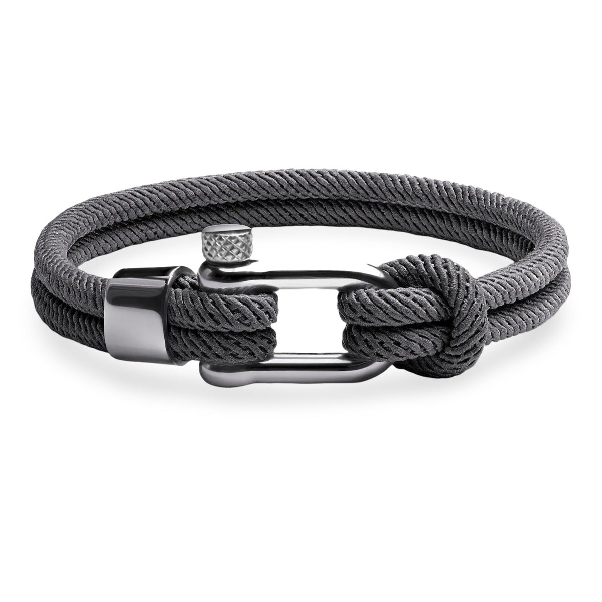 Bracelet cordon gris pour homme avec mousqueton argenté et nœuds décoratifs.