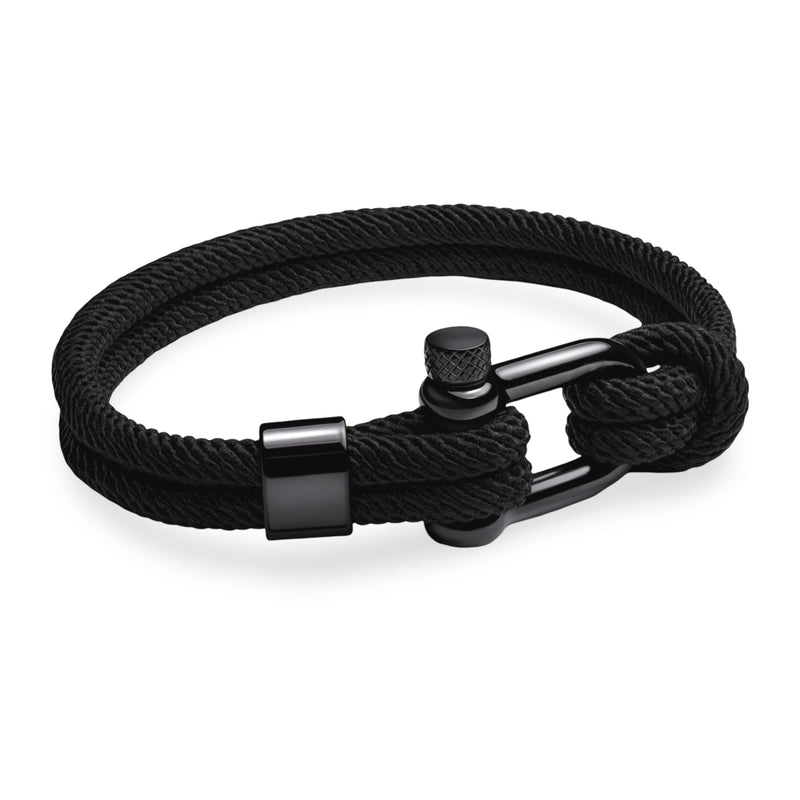 Bracelet cordon noir pour homme avec mousqueton métallique noir mat, style minimaliste.