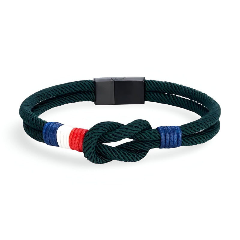 Bracelet cordon vert foncé avec nœud et drapeau français en cordage, fermoir noir mat.