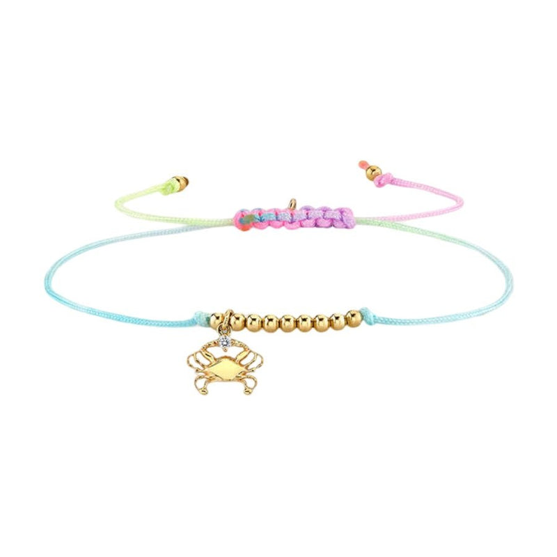 Bracelet cordon multicolore avec perles dorées et pendentif signe astrologique Cancer doré.