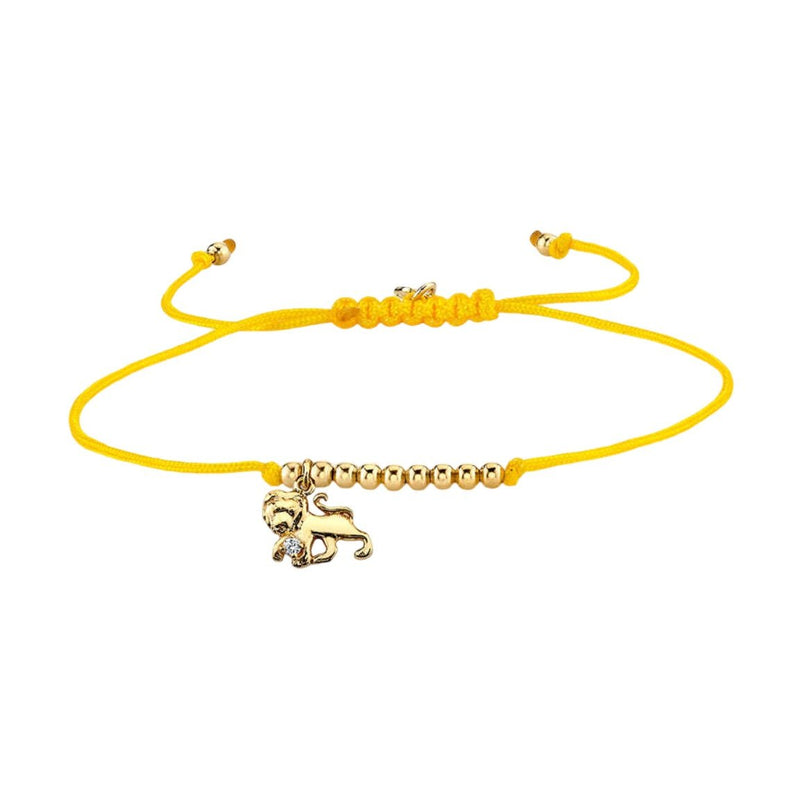 Bracelet cordon jaune avec perles dorées et pendentif signe du zodiaque Bélier en métal doré.